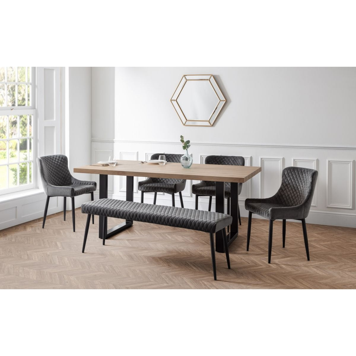 Berwick Dining Table, Luxe Low Grey Bench & 4 Luxe Grey Chairs
