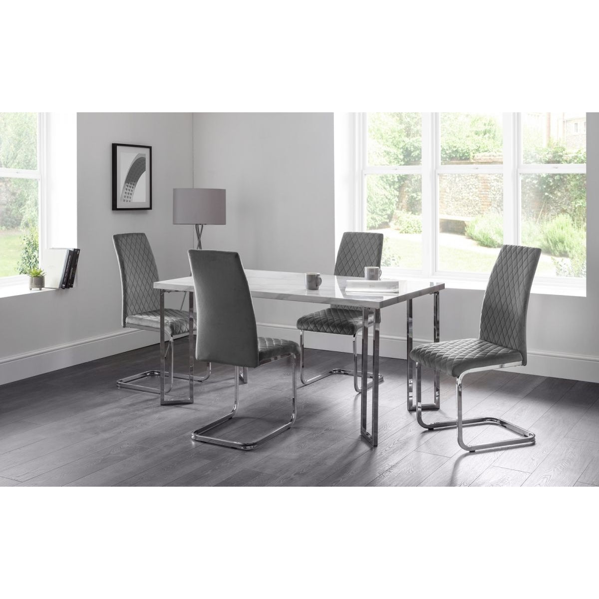 Positano Dining Table & 4 Calabria Cantilever Velvet Grey Chairs