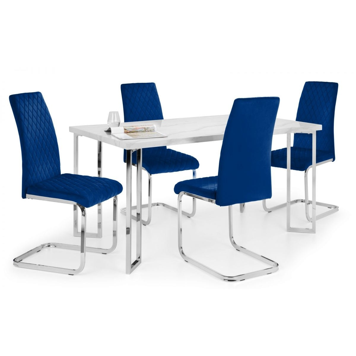 Positano Dining Table & 4 Calabria Cantilever Velvet Blue Chairs