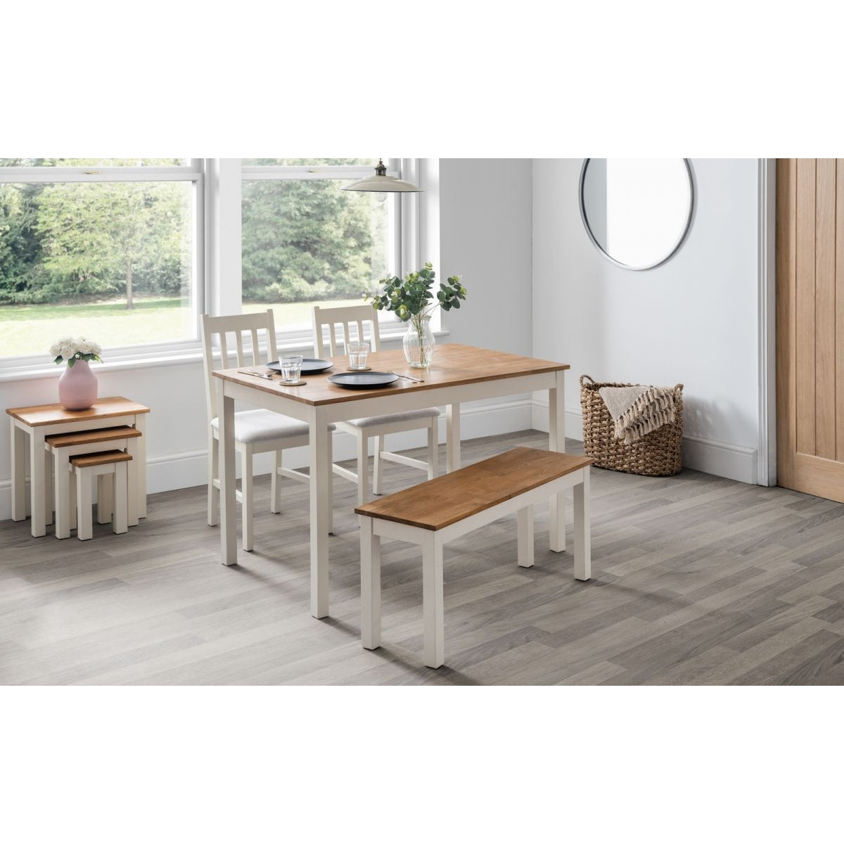 Coxmoor Ivory & Oak Dining Table, Bench & 2 Chairs