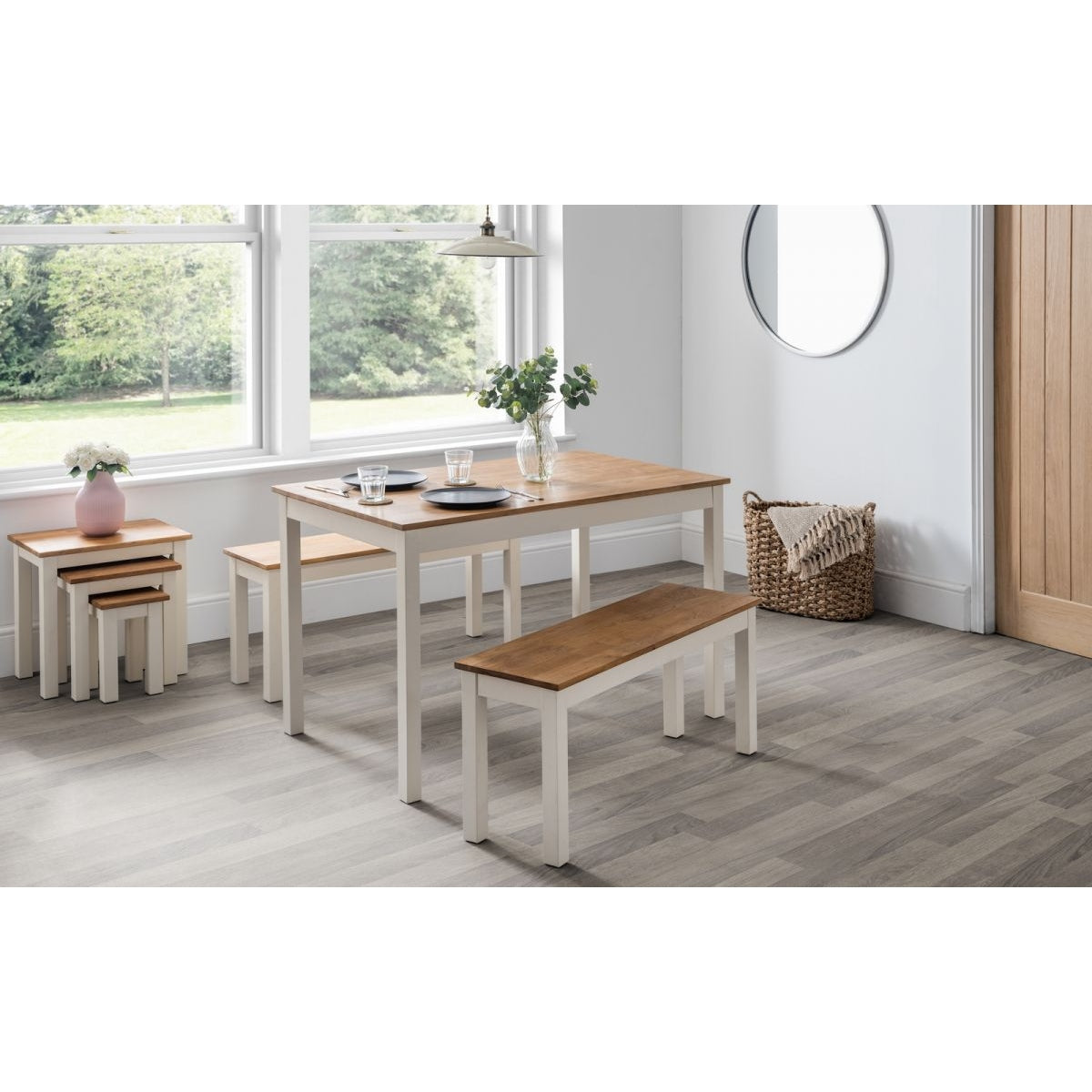 Coxmoor Ivory & Oak Dining Table & Benches
