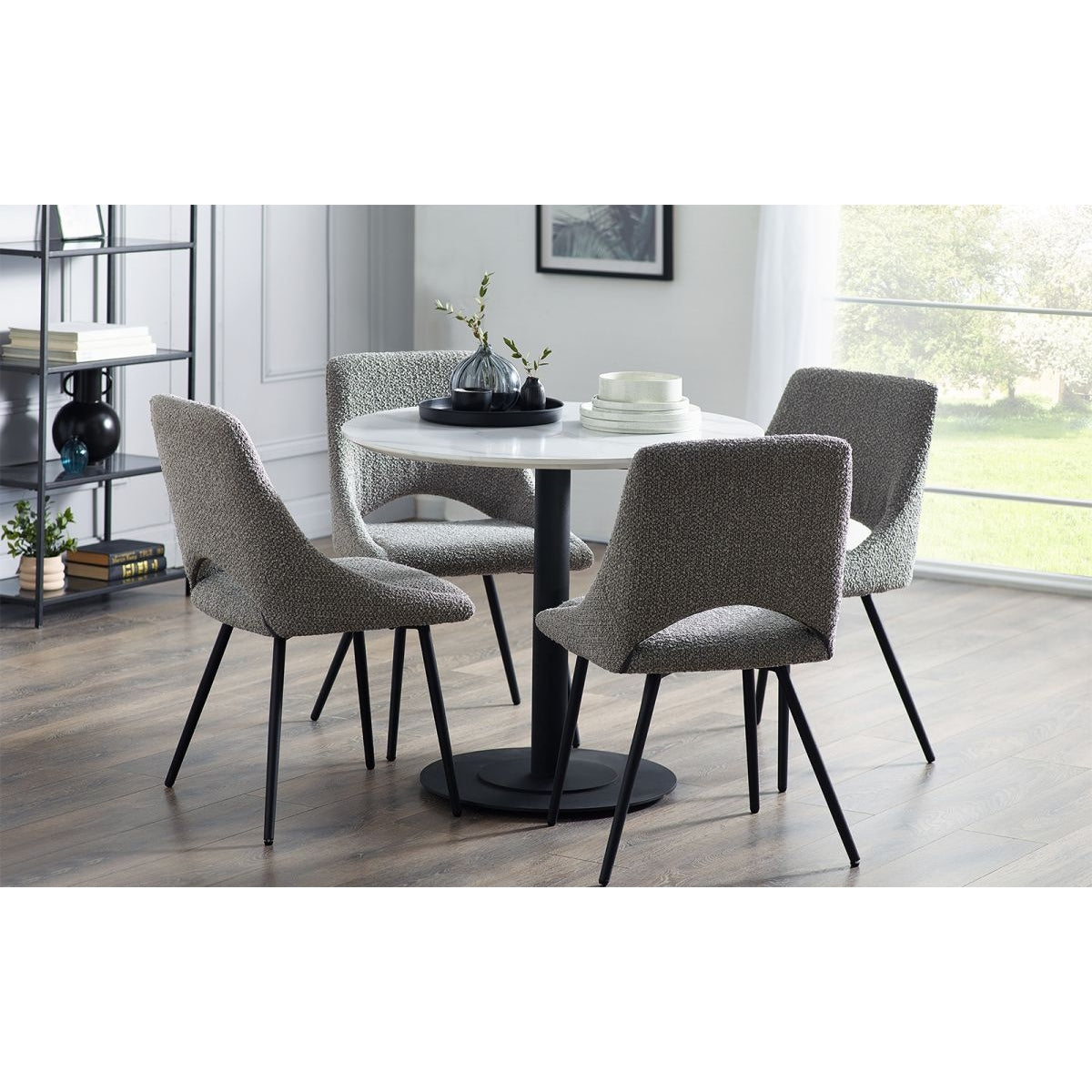 Luca Round Table & 4 Iris Boucle Dining Chairs Grey