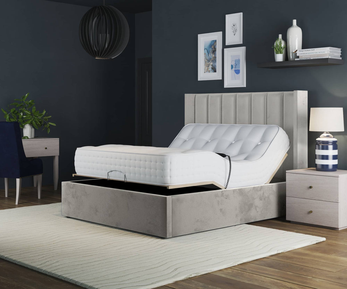 Paris Electric Adjustable Bed Frame with Winged Headboard – Dual Motor Comfort & Luxury Support | SILVER