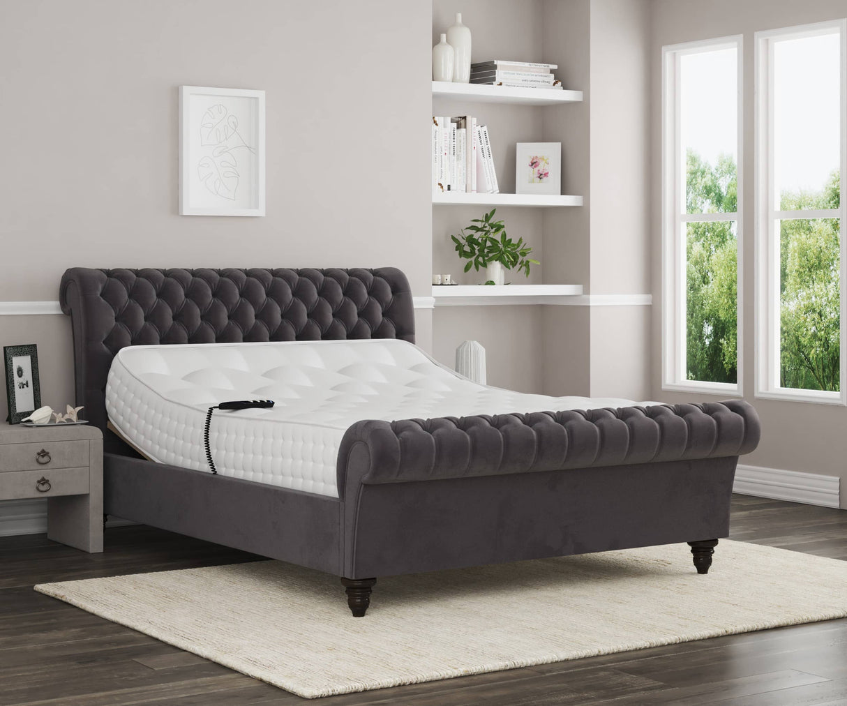 Emma Electric Adjustable Upholstered Sleigh Bed Frame – German Engineered Comfort & Luxury Support| WHITE