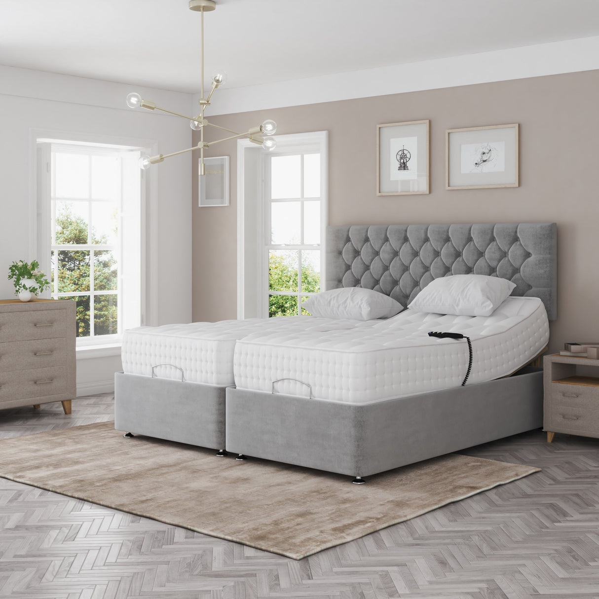 Madeline Electric Adjustable Bed Set – Fabric Pocket Sprung Mattress with Chesterfield Headboard | SILVER