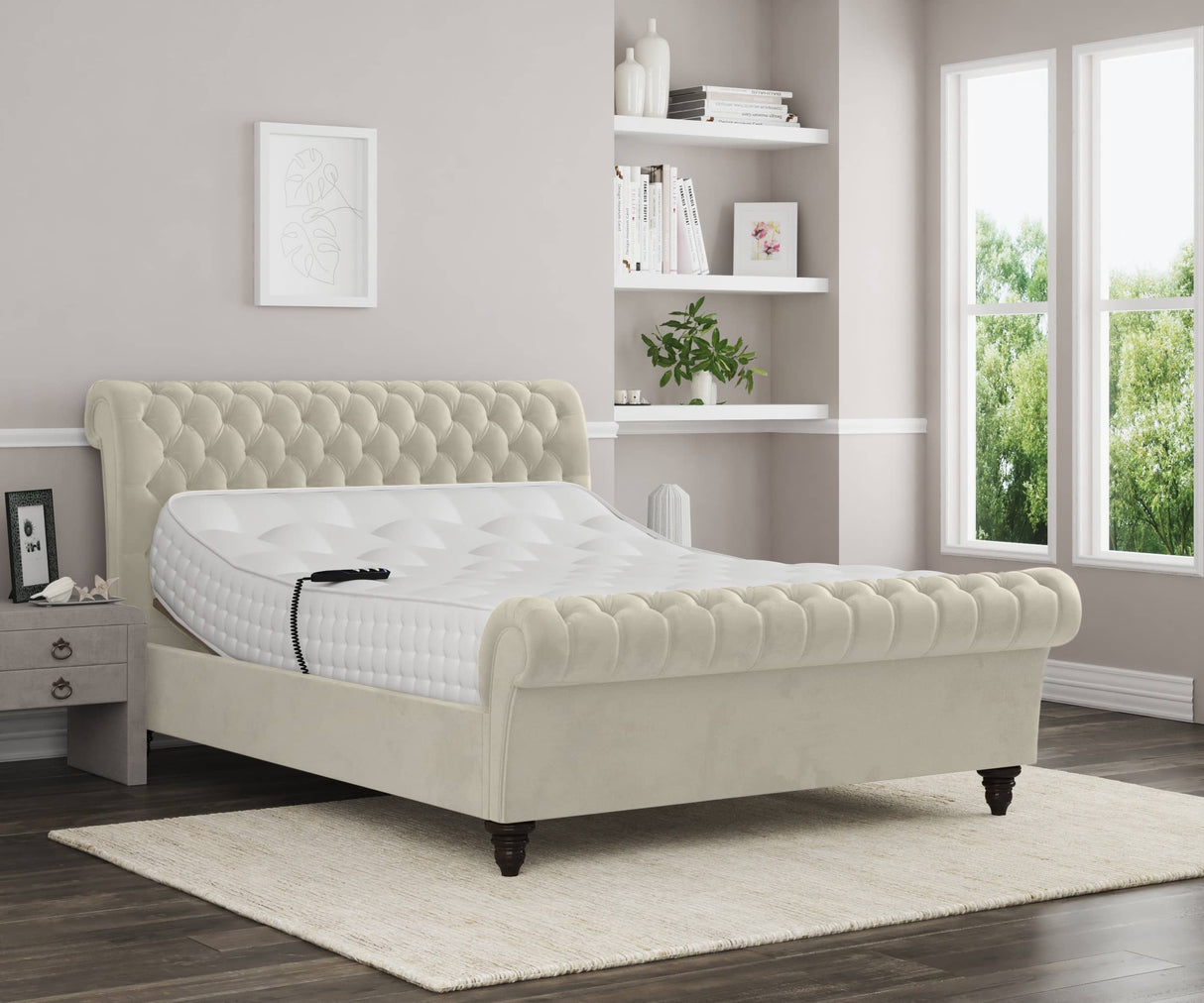 Emma Electric Adjustable Upholstered Sleigh Bed Frame – German Engineered Comfort & Luxury Support| WHITE