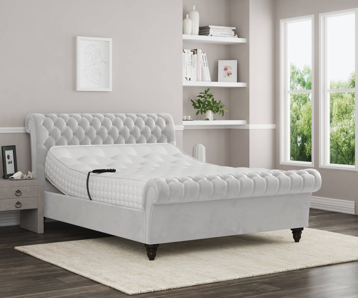 Emma Electric Adjustable Upholstered Sleigh Bed Frame – German Engineered Comfort & Luxury Support| WHITE