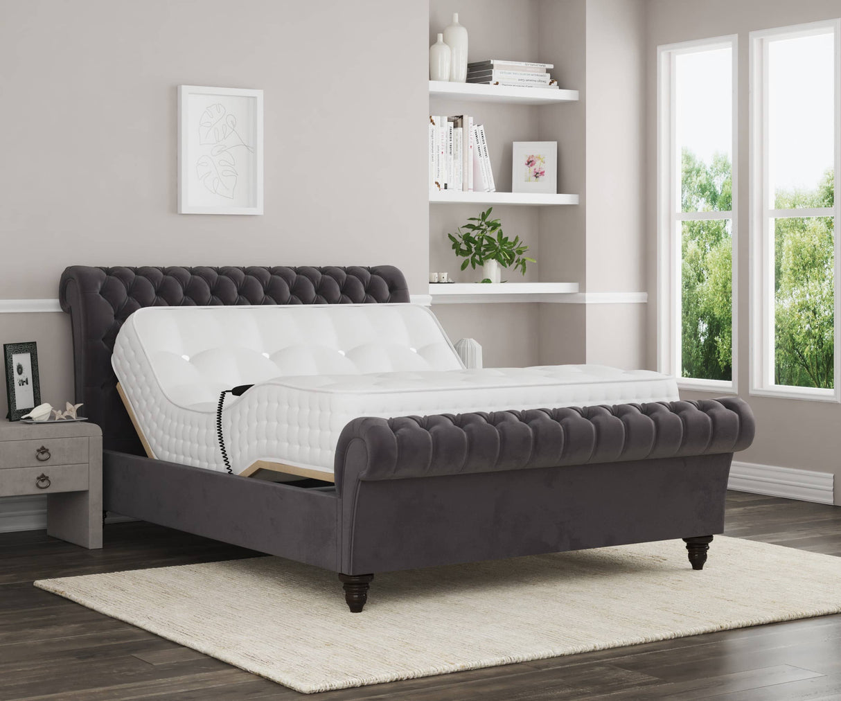 Emma Electric Adjustable Upholstered Sleigh Bed Frame – German Engineered Comfort & Luxury Support| WHITE