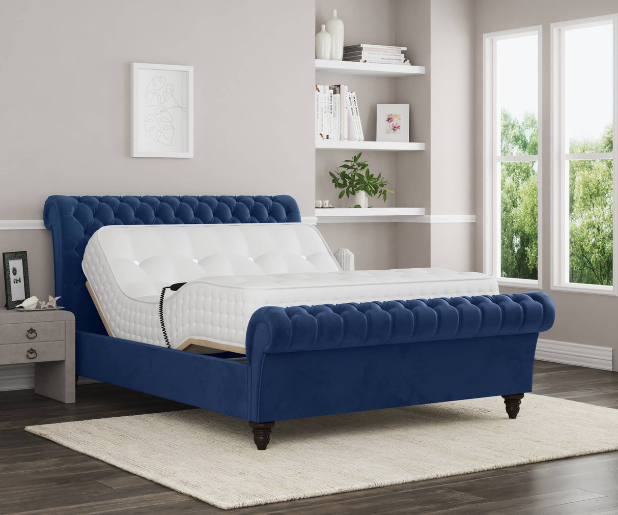 Emma Electric Adjustable Upholstered Sleigh Bed Frame – German Engineered Comfort & Luxury Support| BLUE
