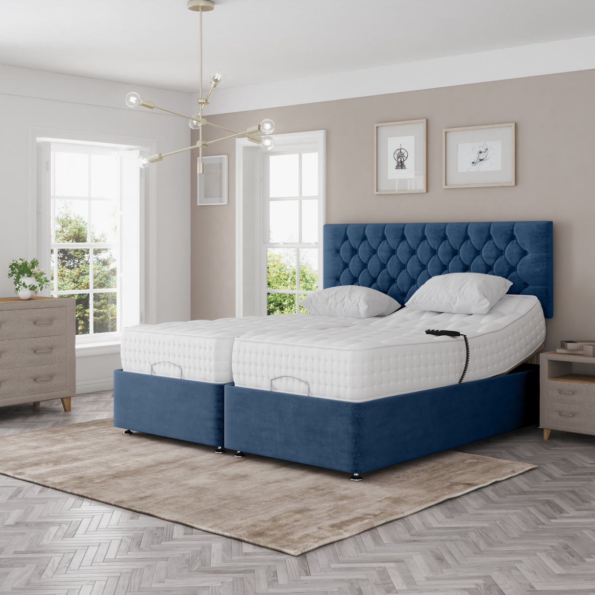 Madeline Electric Adjustable Bed Set Fabric Pocket Sprung Mattress Chesterfield Headboard