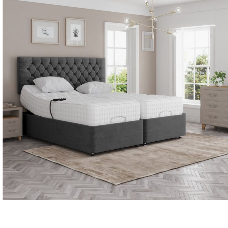 Madeline Electric Adjustable Bed Set Fabric Pocket Sprung Mattress Chesterfield Headboard