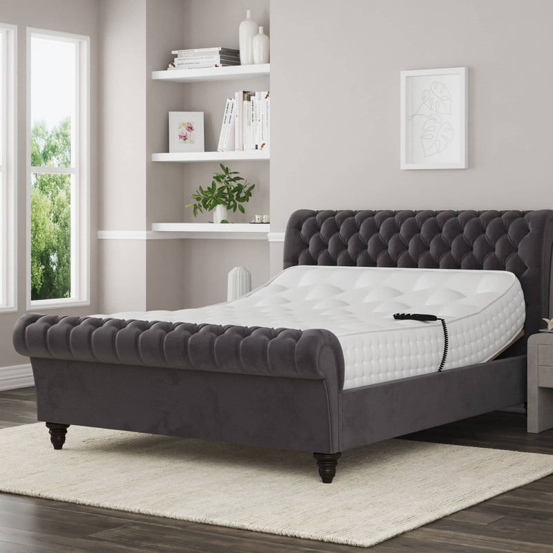 Emma Electric Adjustable Upholstered Sleigh Bed Frame – German Engineered Comfort & Luxury Support| WHITE