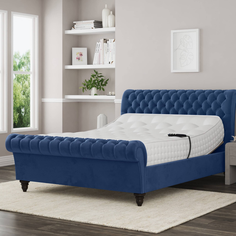 Emma Electric Adjustable Upholstered Sleigh Bed Frame – German Engineered Comfort & Luxury Support| BLUE
