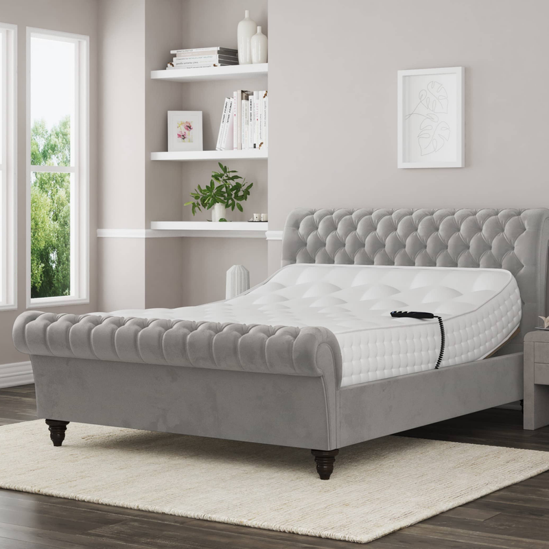 Emma Electric Adjustable Upholstered Sleigh Bed Frame – German Engineered Comfort & Luxury Support| LIGHT GRAY