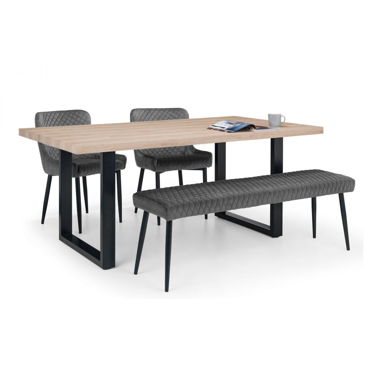 Berwick Dining Table, Luxe Low Grey Bench & 2 Luxe Grey Chairs