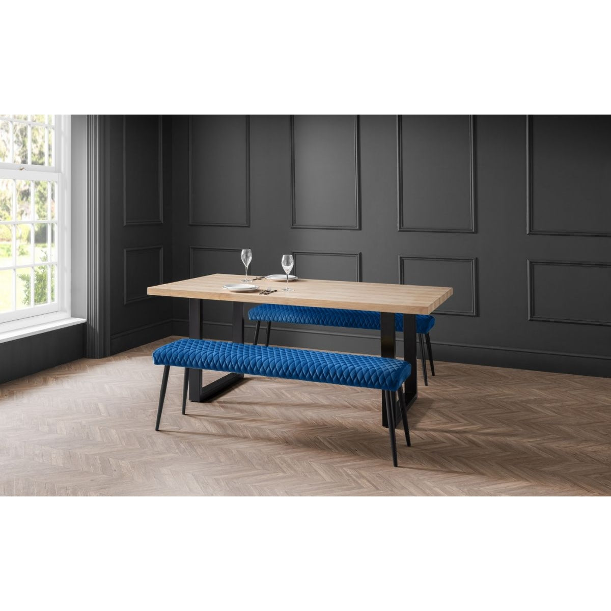Berwick Dining Table & 2 Luxe Low Blue Benches