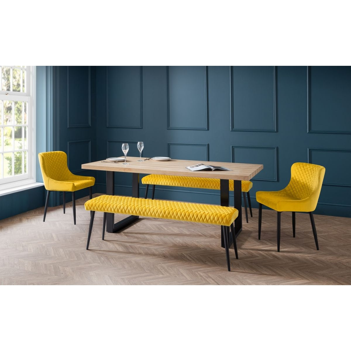 Berwick Dining Table, 2 Luxe Low Mustard Benches & 2 Luxe Mustard Chairs