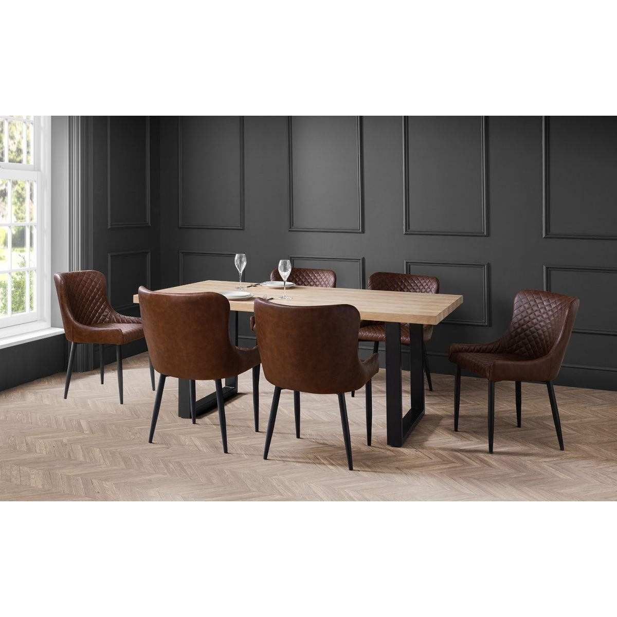 Berwick Dining Table & 6 Luxe Dining Chairs Brown Faux Leather