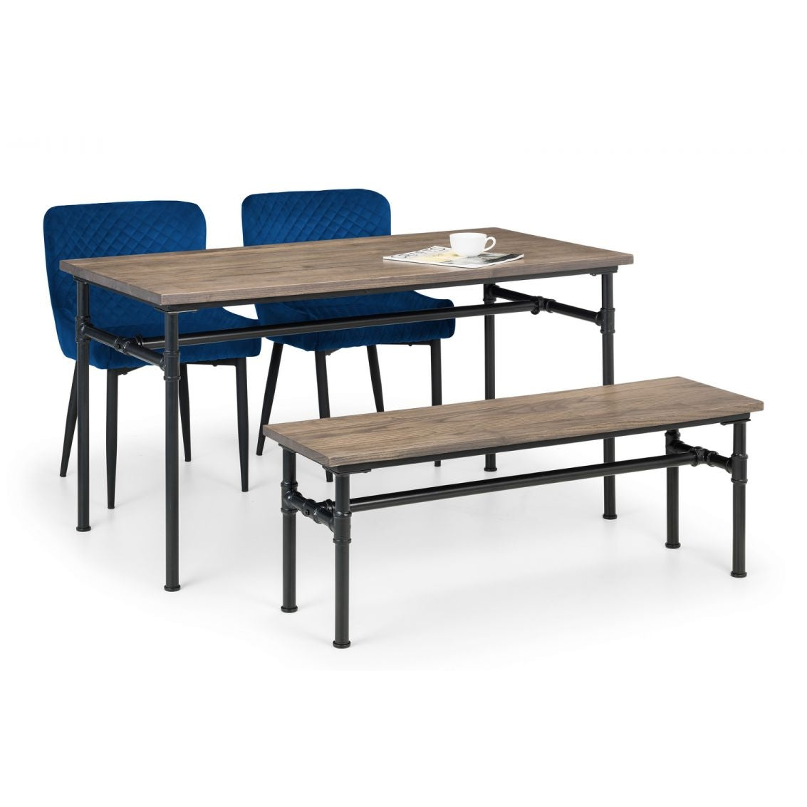 Carnegie Dining Table, Bench & 2 Luxe Blue Chairs