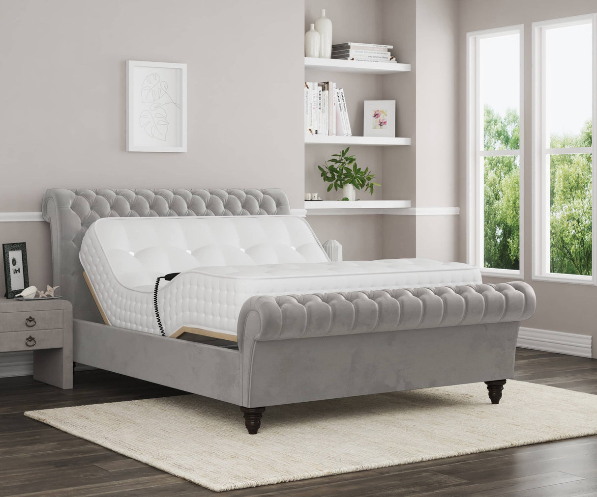 Emma Electric Adjustable Upholstered Sleigh Bed Frame – German Engineered Comfort & Luxury Support| GRAY