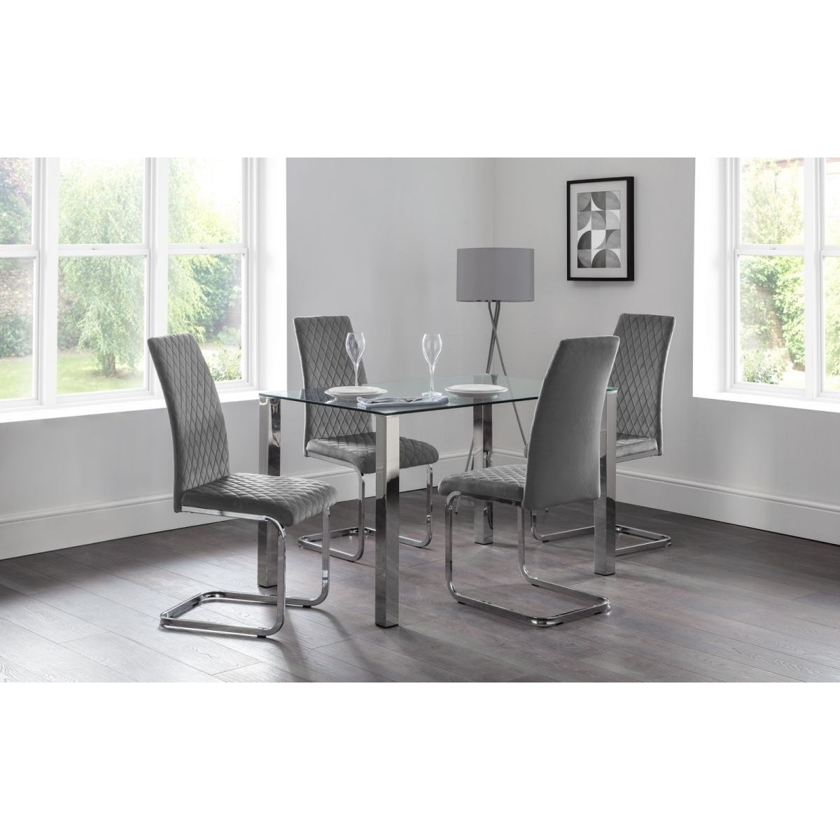 Enzo Dining Table & 4 Calabria Cantilever Velvet Grey Chairs