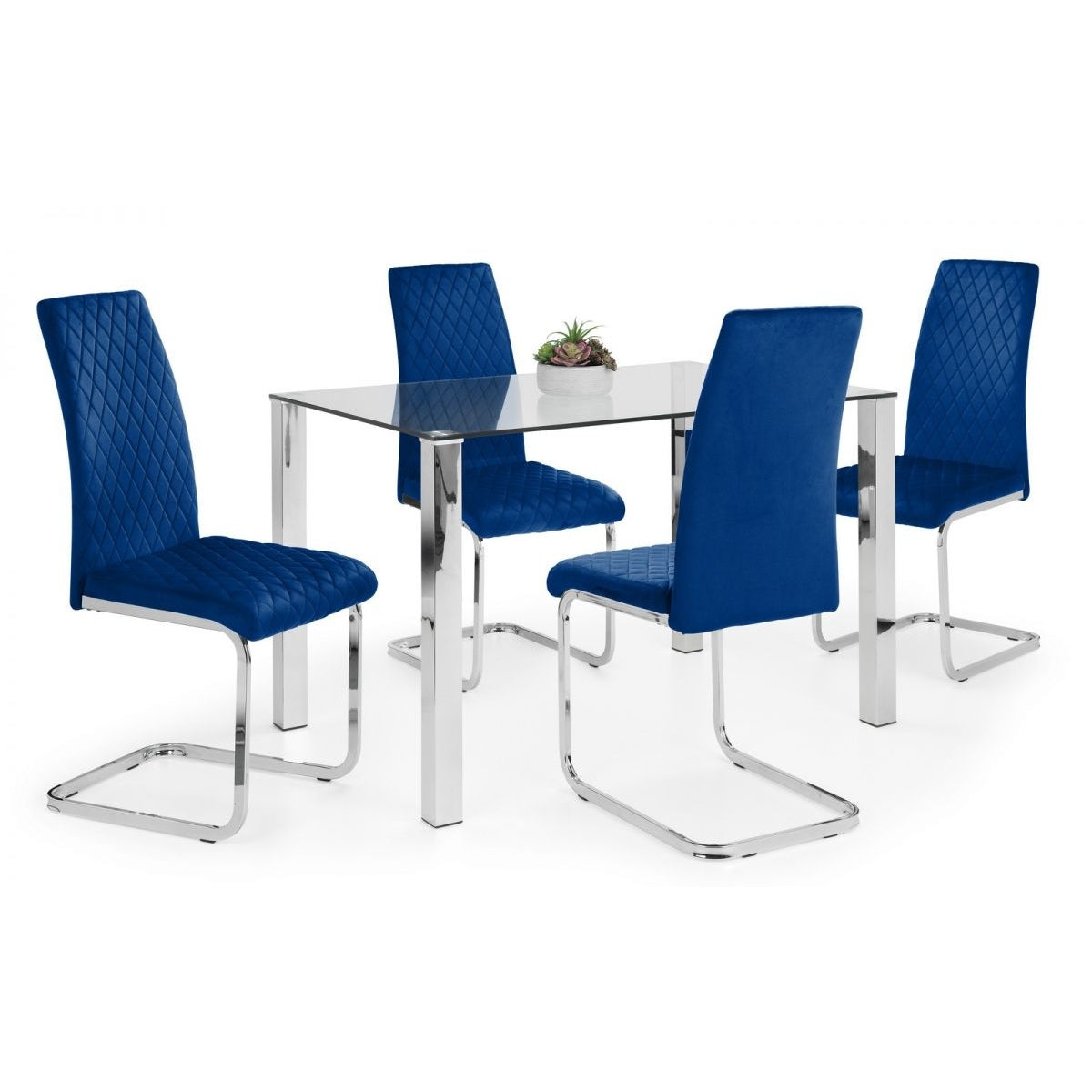 Enzo Dining Table & 4 Calabria Cantilever Velvet Blue Chairs