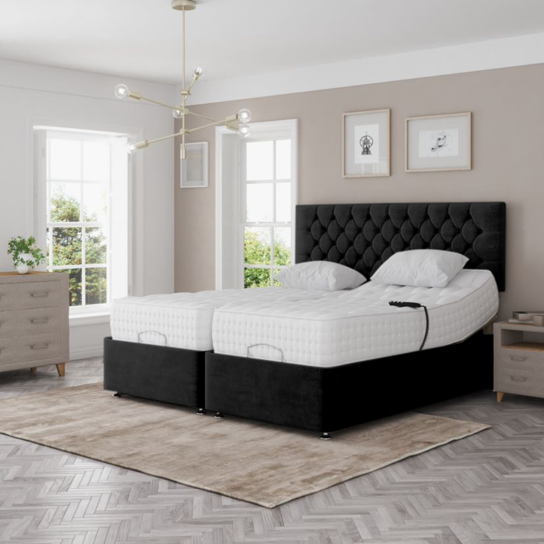 Madeline Electric Adjustable Bed Set Fabric Pocket Sprung Mattress Chesterfield Headboard