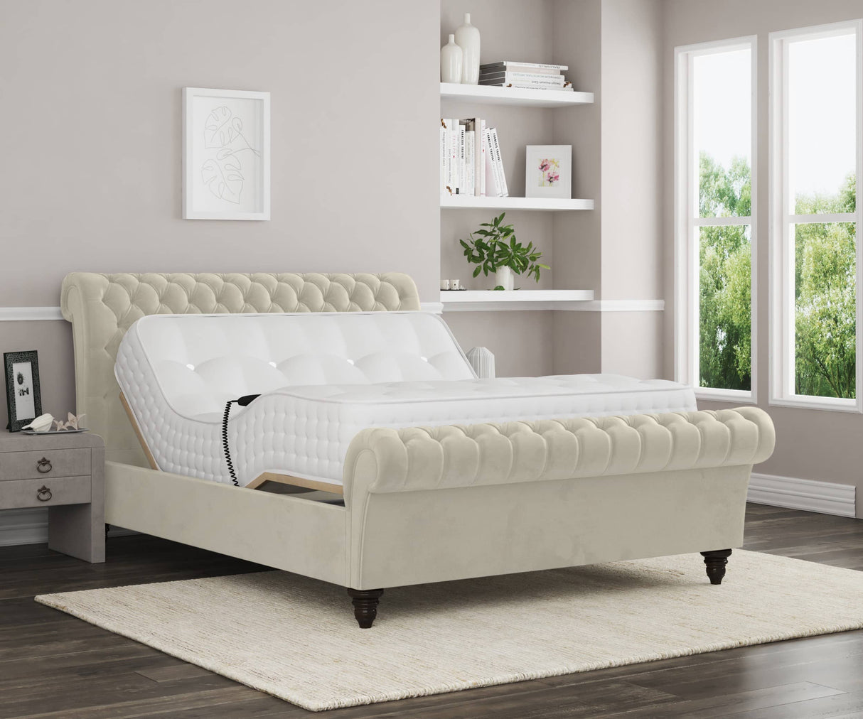 Emma Electric Adjustable Upholstered Sleigh Bed Frame – German Engineered Comfort & Luxury Support| WHITE