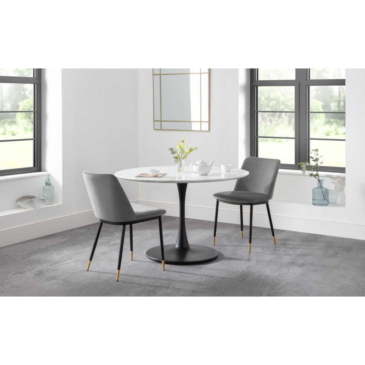 Holland Round Pedestal Table & 2 Delaunay Grey Chairs