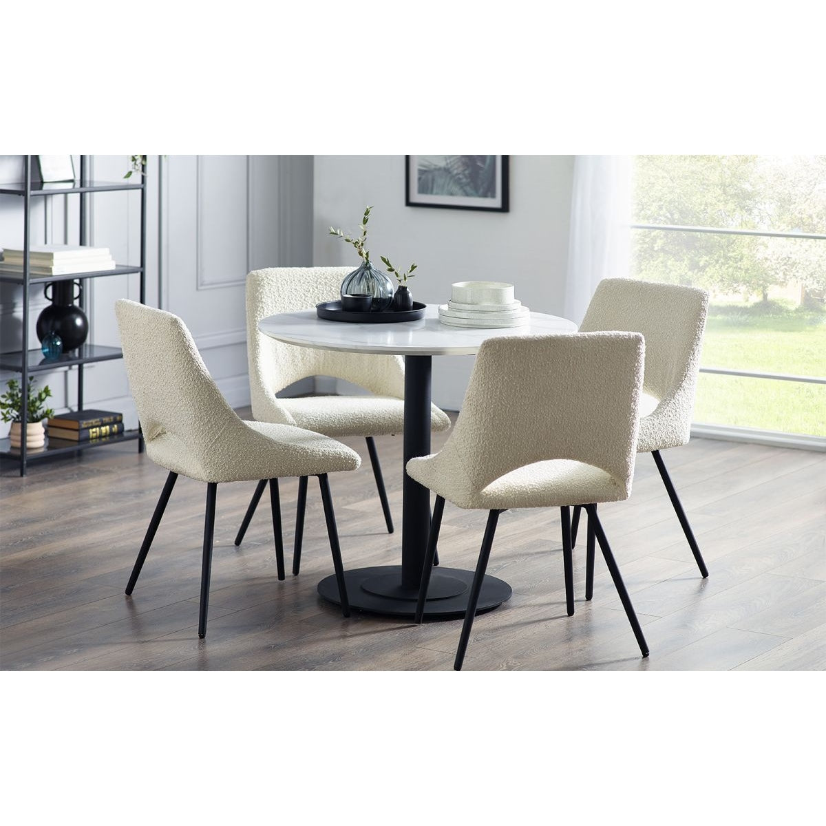 Luca Round Table & 4 Iris Boucle Dining Chairs Ivory