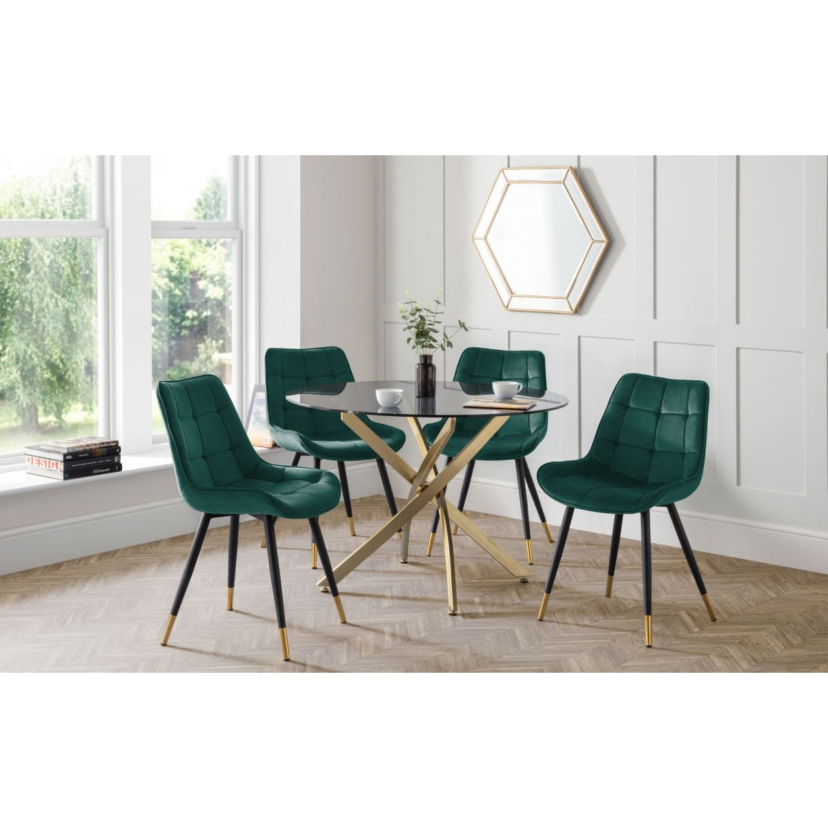 Montero Round Table & 4 Hadid Green Dining Chairs