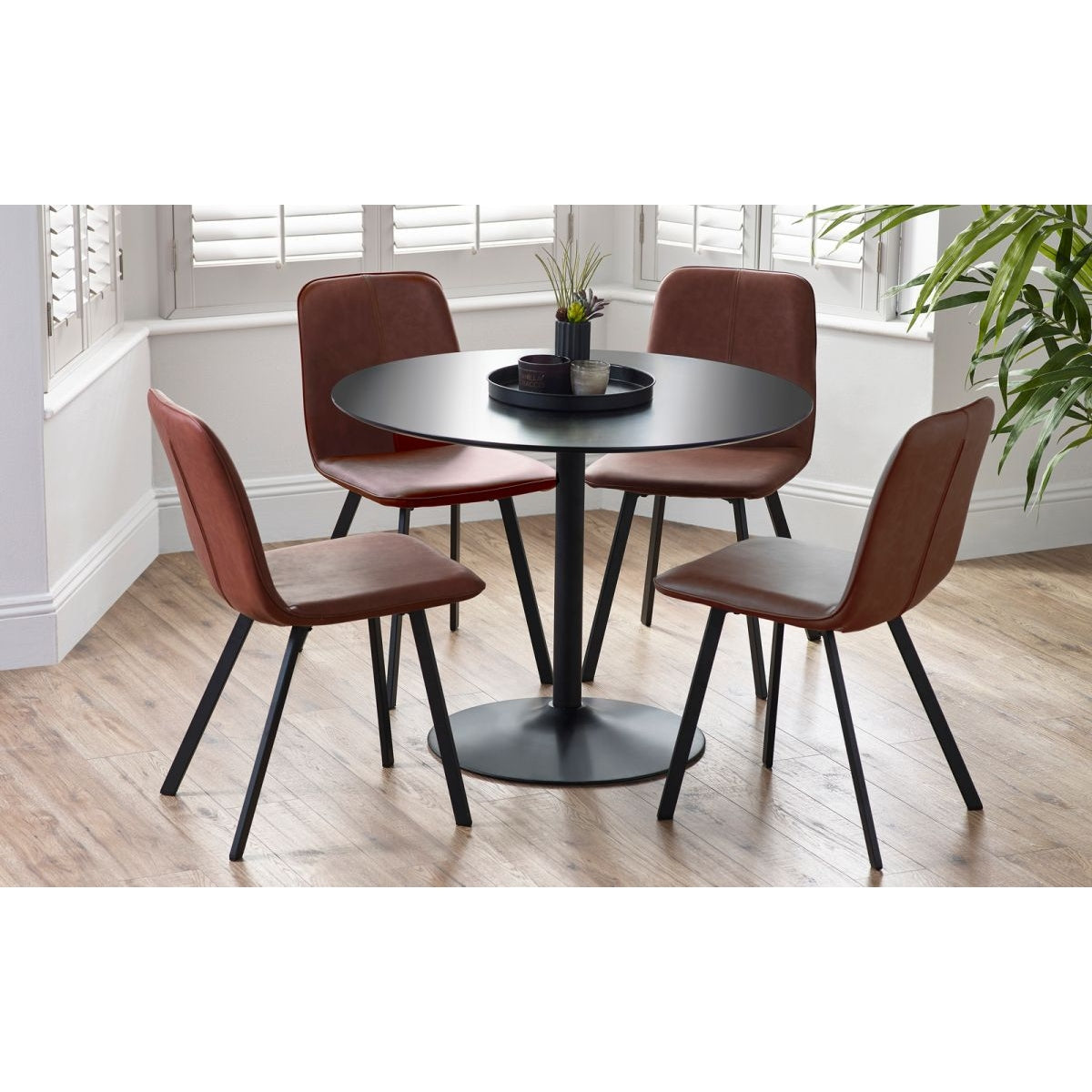 Nero Round Table & 4 Goya Antique Brown Chairs