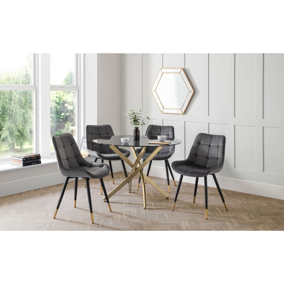 Montero Round Table & 4 Hadid Grey Dining Chairs