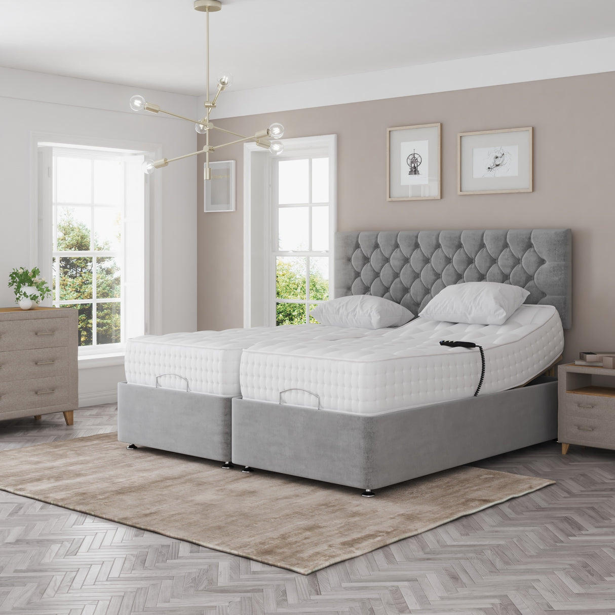 Madeline Electric Adjustable Bed Set Fabric Pocket Sprung Mattress Chesterfield Headboard