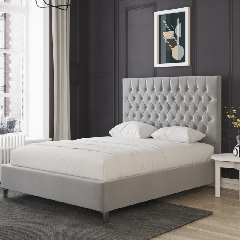 Marie Light Grey Upholstered Chesterfield Headboard Bed Frame – Luxury Buttoned Design | DARK GRAY