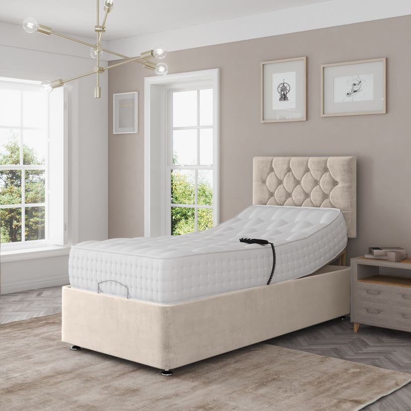 Madeline Electric Adjustable Bed Set Fabric Pocket Sprung Mattress Chesterfield Headboard