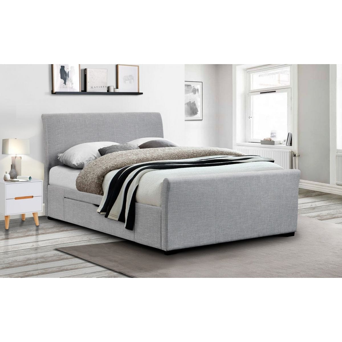 Capri Fabric Bed with 2 Drawers - Light Grey Linen