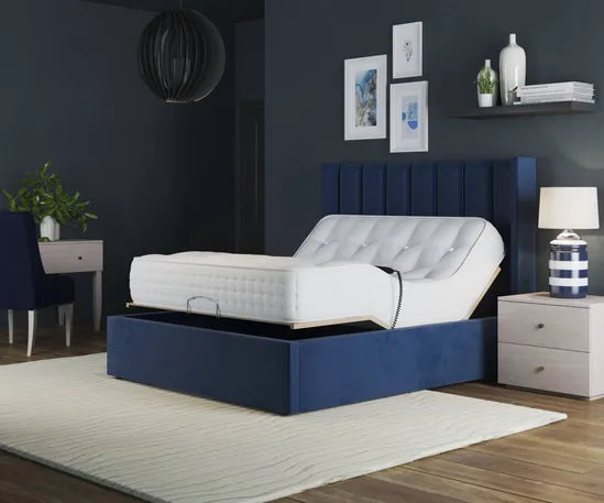 Paris Electric Adjustable Bed Frame with Winged Headboard – Dual Motor Comfort & Luxury Support | BLUE