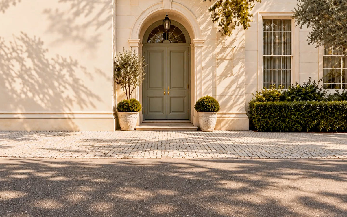 A quiet sunlit stone house with its front door closed, before the ZAYE Living delivery arrives.